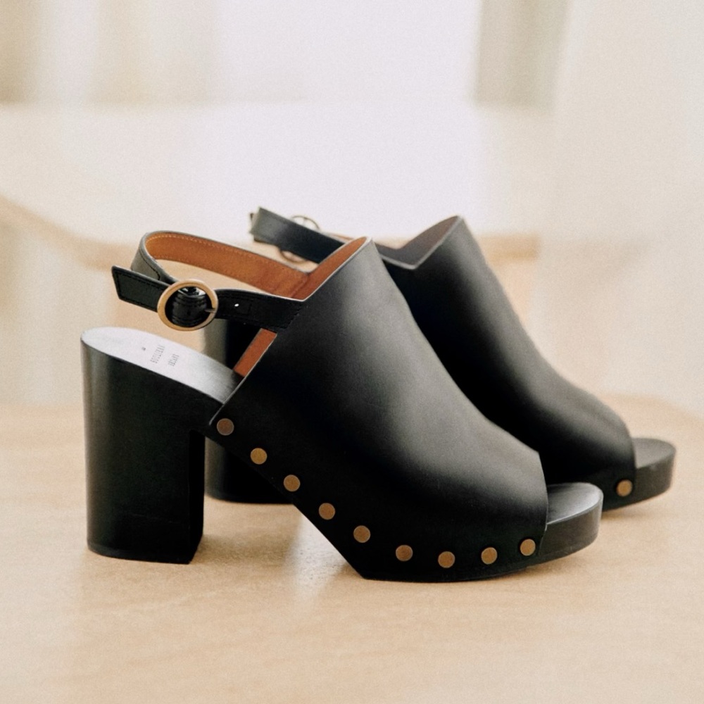 Sezane Black Leather Mules with Gold Accents